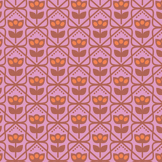 Mod Wall CMT-62901 by Dana Willard for AGF Cinnamon Toast from 69-Art Gallery Fabrics features a seamless pattern of stylized orange flowers with brown stems on a pink background, arranged in a repeating geometric design—perfect for cotton fabric projects and available by the yard.