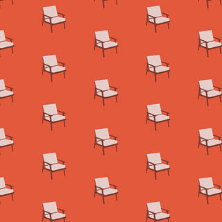 Deck Talks CMT-62902 Dana Willard for AGF Cinnamon Toast by 69-Art Gallery Fabrics features a pattern of white armchairs with brown legs evenly spaced on a solid orange background, printed on high-quality cotton fabric and sold by the yard.