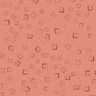 Discover “Cinnamon Toast CMT-62905” by Dana Willard for 69-Art Gallery Fabrics—a whimsical cotton fabric featuring an array of toast slice doodles with cheerful faces set against a speckled, muted orange background. Sold by the yard with free shipping on your order!.