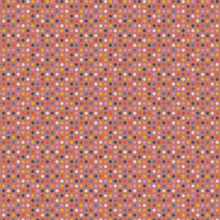 Introducing the Bright Lite CMT-62906 Dana Willard for AGF Cinnamon Toast by 69-Art Gallery Fabrics: a seamless geometric pattern featuring evenly spaced, multicolored dots arranged in orderly horizontal and vertical rows on a muted red background. Perfect for cotton fabric projects, this fabric is available by the yard.