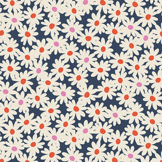 Discover the Curb Appeal CMT-62909 fabric by Dana Willard for AGF Cinnamon Toast, from 69-Art Gallery Fabrics. Featuring a delightful pattern of white daisies with red and pink centers on a dark blue background, this densely arranged cotton fabric is perfect for sewing or quilting projects and is available by the yard. Enjoy free shipping on your order!.