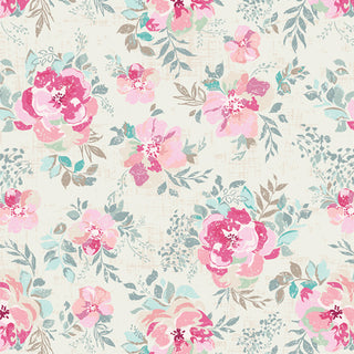 CUR8RO400 GOSSAMER GARDEN by 69-Art Gallery Fabrics features pink and coral florals, green-turquoise leaves, and a light beige base—ideal for vintage lovers or shabby chic quilting with Cur8tor Romantica AGF Studio fabric yardage.