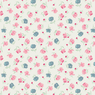 CUR8RO402 GENTLE ROSEBUDS CHARM by Cur8tor Romantica for 69-Art Gallery Fabrics features small pink and blue flowers with green leaves on a cream background, ideal for vintage or shabby chic projects.