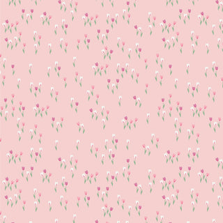 CUR8RO403 HILLSIDE TULIPS by Cur8tor Romantica for 69-Art Gallery Fabrics features small pink and white tulip flowers with green leaves on a light pink background, ideal for quilting or adding shabby chic flair to your projects.