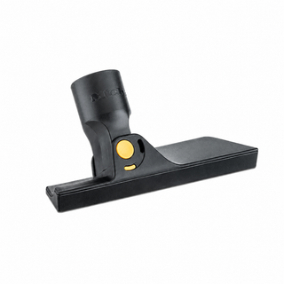 The black plastic Miele SPFD 20 2-in-1 Upholstery/Crevice Guard L1 by 2-Miele features a rectangular base and yellow button, designed for easy attachment to a vacuum cleaner hose. Shown on a white background, this Miele accessory ensures efficient cleaning and can be paired with other vacuum nozzles for enhanced versatility.