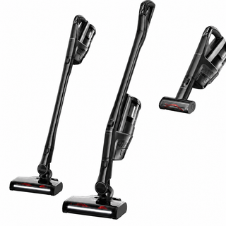 Three Miele Triflex HX3 Cat & Dog Cordless Stick Vacuums in Obsidian Black from 2-Miele are displayed on a white background—two are upright and one is positioned at an angle to showcase multiple perspectives. These versatile models feature a MultiFloor floorhead and advanced HEPA filtration, making them ideal for homes with pets.