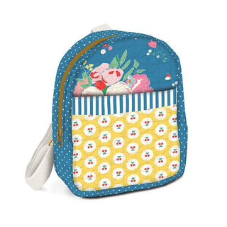 Join the Layton In-Store Class for the Minki Kim Cotton Nook Backpack Class on Sat, Oct 17, 2026 (10 am–4 pm) at the Layton location only and learn to make a small backpack featuring a blue floral top, striped middle section, and yellow bottom with a white and red flower pattern—complete with a white strap and zipper. Perfect as your next sewing project or for anyone inspired by Minki Kim’s signature backpack style!.