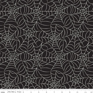 Frank and Friends WEBS BLACK GLOW IN THE DARK GC17474-BLACK Fabric Yardage by 56-Riley Blake features a black background with white spiderwebs. Includes a ruler for scale. Ideal premium cotton quilting fabric for your monster mash project.