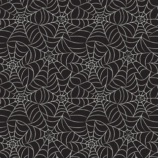 Frank and Friends WEBS BLACK GLOW IN THE DARK GC17474-BLACK by 56-Riley Blake features glowing white spider webs on black—ideal for quilting or monster mash projects by the yard.
