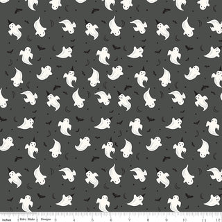 Frank and Friends GHOSTS CHARCOAL GLOW IN THE DARK GC17475-CHARCOAL by 56-Riley Blake features small white cartoon ghosts, bats, and moons on dark gray—ideal quilting cotton for Halloween or monster mash projects. Ruler at bottom shows scale.