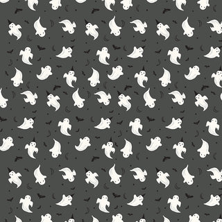 Frank and Friends GHOSTS CHARCOAL GLOW IN THE DARK GC17475-CHARCOAL fabric by 56-Riley Blake features white ghosts, bats, stars, and moons on charcoal—ideal quilting cotton for playful Halloween projects.