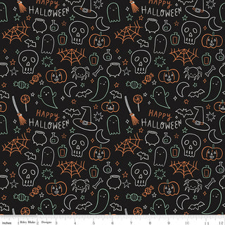 Frank and Friends HALLOWEEN ICONS BLACK GLOW IN THE DARK GC17476-BLACK by 56-Riley Blake features skulls, ghosts, spiders, webs, candy, pumpkins & “Happy Halloween” text on black. Premium cotton quilting fabric by the yard; ruler shown for scale.