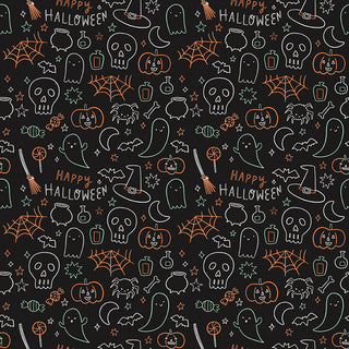 Frank and Friends HALLOWEEN ICONS BLACK GLOW IN THE DARK GC17476-BLACK by 56-Riley Blake features doodles of skulls, ghosts, bats, webs, pumpkins & candy on black—perfect glow-in-the-dark fabric for quilting or crafts by the yard.