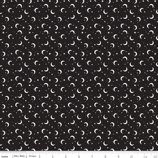 Frank and Friends MOON & STARS BLACK GLOW IN THE DARK GC17477-BLACK by 56-Riley Blake: premium black cotton fabric features a repeating white crescent moon and star pattern, with a ruler showing 1 to 12 inch measurements along the bottom.