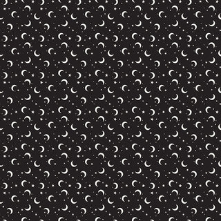 Frank and Friends MOON & STARS BLACK GLOW IN THE DARK GC17477-BLACK by 56-Riley Blake features a seamless black background with white crescent moons, stars, and dots—ideal for quilting or premium cotton fabric projects.