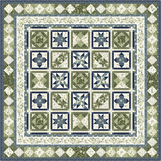 A Green Fields Quilt BOM-sew with a green and blue design by Lisa Audit sold by Sew & Vac.