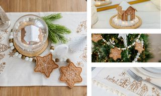 A Kimberbell Gingerbread Christmas table set by Sew & Vac includes gingerbread cookies, a snow globe, and decorated napkins. The images also display cookies on a Christmas tree and a close-up of a napkin featuring a winter village design. This setup is ideal for showcasing your Gingerbread Village Place Mat at the upcoming machine embroidery event!