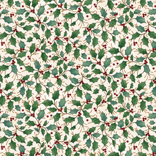 Pattern of green holly leaves and red berries on a cream quilting fabric background from the Gifts of Gratitude HEG2526-44 Holly Leaves collection by The Whole Country Caboodle for Henry Glass.