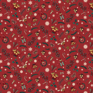 The Whole Country Caboodle for Henry Glass Gifts of Gratitude HEG2527-88 All Over Elements fabric by the yard featuring a red background with holly, bells, snowflakes, candy canes, and gift boxes.