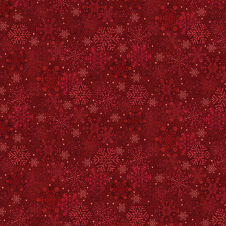 Red The Whole Country Caboodle for Henry Glass Gifts of Gratitude HEG2529-88 Snowflakes Red quilting fabric featuring a pattern of various snowflake designs.