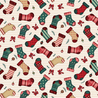The Whole Country Caboodle for Henry Glass Gifts of Gratitude HEG2530-44 Tossed Stockings fabric features a variety of patterned Christmas stockings, small red bows, and ornaments on a striped beige background.