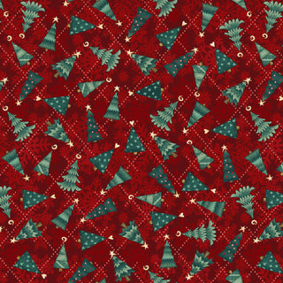 The Whole Country Caboodle for Henry Glass Gifts of Gratitude HEG2532-88 Christmas Trees quilting fabric features teal trees and white stars on a dark red background with snowflakes and a dotted grid.