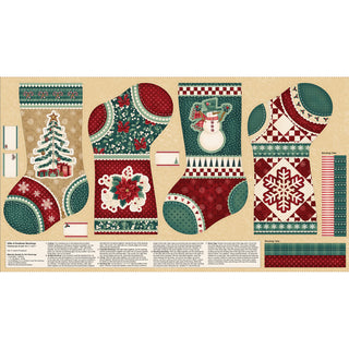 The Whole Country Caboodle for Henry Glass Gifts of Gratitude HEG2538P-41 Stocking Panel featuring four holiday stocking patterns with a tree, poinsettias, a snowman, and a snowflake, plus instructions.