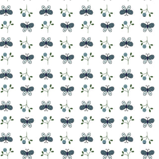 Adorned with a repeating pattern of blue butterflies and stylized blue flowers with green leaves on a crisp white background, the Friendship Garden Gail Pan for HGF 3625-11 MINI BUTTERFLY White Fabric Yardage by 47-EE Schenck is arranged in charming alternating rows—ideal for your next sewing project. Enjoy cotton fabric by the yard with free shipping available.