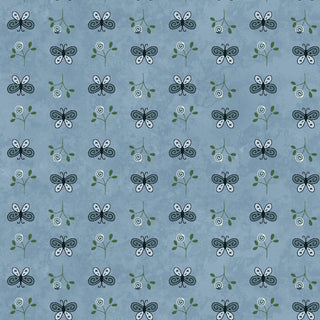 Featuring a repeating pattern of black and white butterflies with stylized green stems and leaves on a muted blue background, the Friendship Garden Gail Pan for HGF 3625-77 MINI BUTTERFLY Blue Fabric Yardage by 47-EE Schenck offers striking cotton fabric perfectly arranged in even rows and columns—ideal for your next project. Sold by the yard, with free shipping available.