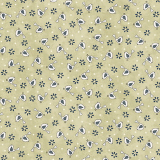 Certainly! Here’s the rewritten sentence using your product data: The Friendship Garden Gail Pan for HGF 3626-60 LITTLE BIRDS Light Green Fabric Yardage by 47-EE Schenck features a repeating, evenly spaced pattern of simple white birds and navy blue flowers on a light green background. This charming cotton fabric is available by the yard with free shipping for your convenience.
