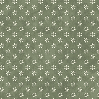 Discover the Friendship Garden Gail Pan for HGF 3627-66 LITTLE FLOWERS Green Fabric Yardage by 47-EE Schenck, featuring a charming pattern of small, white, simple daisy-like flowers evenly spaced on a textured green background. Available as cotton fabric by the yard with free shipping on your order!.