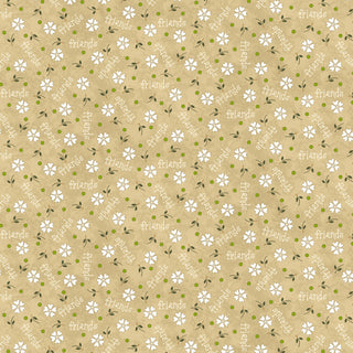 The Friendship Garden Gail Pan for HGF 3628-36 DAISY FRIENDS Tan Fabric Yardage by 47-EE Schenck features a tan background with small white flowers, green leaves, and the words “friends” and “spring” in a light diagonal script. This delightful cotton fabric is sold by the yard with free shipping available.