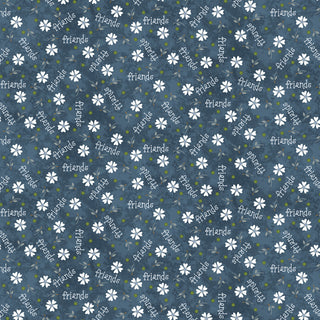 Featuring a blue background adorned with scattered white flowers and small green dots, the Friendship Garden Gail Pan for HGF 3628-77 DAISY FRIENDS Blue Fabric Yardage by 47-EE Schenck is crafted from soft cotton. The word “friends” appears throughout in white, written in various directions among the floral design. Ideal for your next sewing project, this fabric is available by the yard and includes free shipping.