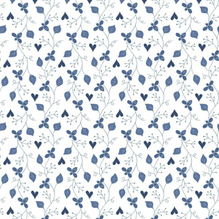 Friendship Garden Gail Pan for HGF 3630-11 FRIENDSHIP VINE White Fabric Yardage by 47-EE Schenck features a seamless pattern of blue leaves, berries, and heart shapes on a white background in a repeating, evenly spaced botanical design—perfect for cotton fabric projects by the yard.