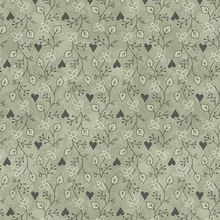 Discover the Friendship Garden Gail Pan for HGF 3630-60 FRIENDSHIP VINE Light Green Fabric Yardage by 47-EE Schenck—a seamless pattern featuring light and dark green leaves, flowers, and heart shapes on a muted green background, perfect for cotton fabric by the yard. Enjoy free shipping on your order.