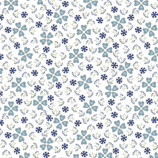 Create charming projects with Friendship Garden Gail Pan for HGF 3631-11 PINWHEEL FLOWERS White Fabric Yardage by 47-EE Schenck—featuring a seamless pattern of blue five-petal flowers, petite navy geometric blooms, and green sprigs on a crisp white background. Available by the yard with free shipping!.