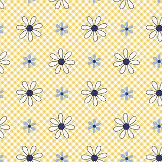Friendship Garden Gail Pan for HGF 3632-33 DAISY CHECK Yellow Fabric Yardage by 47-EE Schenck features a pattern of white and blue daisies with dark centers on a yellow and white checkered background, available as cotton fabric by the yard with free shipping.