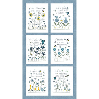 Six illustrated friendship quotes accented with blue and yellow flowers, each featured in its own panel atop a blue background. The uplifting text celebrates the joy and value of friendship, making the “Friendship Garden Gail Pan for HGF 3633P-77 FRIENDSHIP HEARTS 24\” PANEL Blue Fabric Yardage“ by 47-EE Schenck a heartfelt choice for creative projects. Enjoy free shipping with your order.