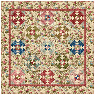 Introducing the Buckleberry Chintz Queen Size Quilt Kit by Henry Glass Fabrics, brought to you by EE Schenk. This exquisite quilt showcases a floral backdrop adorned with an array of colorful geometric patterns, including hues of red, green, blue, and pink. Inspired by Bucklebury Chintz and Michelle Yeo's vintage quilts, the design is elegantly finished with a narrow red border.