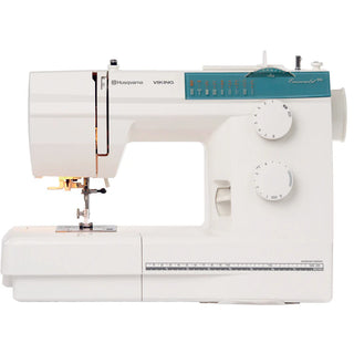 The Husqvarna Viking Emerald 116 sewing machine features easy-to-use dials, a control panel, and a stitch guide on the front—ideal for making custom dresses.