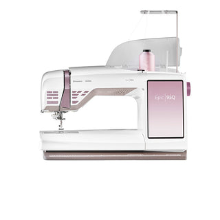 A white and pink Husqvarna Viking Epic 95Q sewing machine on a white background.