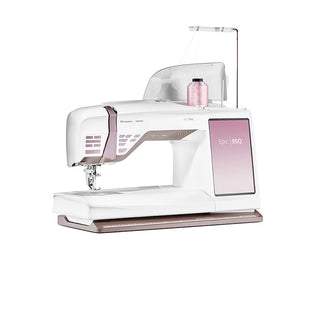 A white and pink Husqvarna Viking sewing machine on a white background.