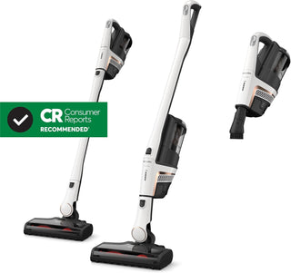 Two Miele TriFlex Lotus White cordless vacuum cleaners from Sew & Vac, featuring a detachable handheld unit and the Triflex 3in1 design, proudly display a "Consumer Reports Recommended" badge.