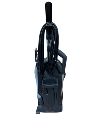 The Miele Upright Dynamic U1 Maverick by Imagine Sewing & Vacuum is a black and gray vacuum cleaner, shown from the rear with its cord wrapped around hooks and includes versatile cleaning attachments.