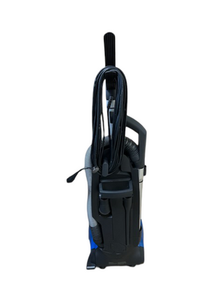 The Miele Upright Dynamic U1 Twist from Imagine Sewing & Vacuum features new filters, a coiled cord and hose, and is shown standing upright on a white background.