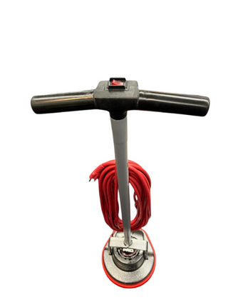 The Imagine Sewing & Vacuum Oreck Orbiter, a refurbished floor cleaner with a black handle, silver shaft, red power cord coiled at the base, and red bumper is displayed on a white background.