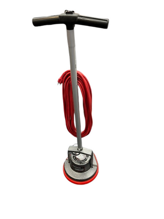 A refurbished Oreck Orbiter floor cleaner from Imagine Sewing & Vacuum features a black handle, gray shaft, circular base, and a red power cord coiled around the handle.