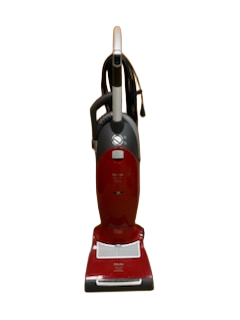 The Miele Dynamic U1 Fresh Air PowerLine upright vacuum cleaner from Imagine Sewing & Vacuum with AirClean filters is shown on a white background in red and gray.