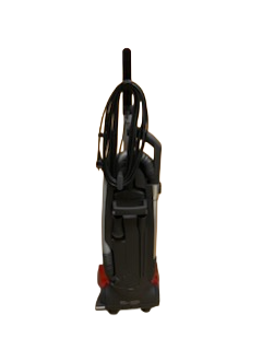 A Miele Dynamic U1 Fresh Air PowerLine upright vacuum by Imagine Sewing & Vacuum in black and red stands upright with its power cord wrapped neatly around the handle, shown in a front-facing photo.