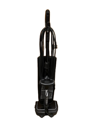 The Oreck Elevate Control by Imagine Sewing & Vacuum is a lightweight, black upright vacuum cleaner with its power cord wrapped around hooks, shown from the front against a white background.